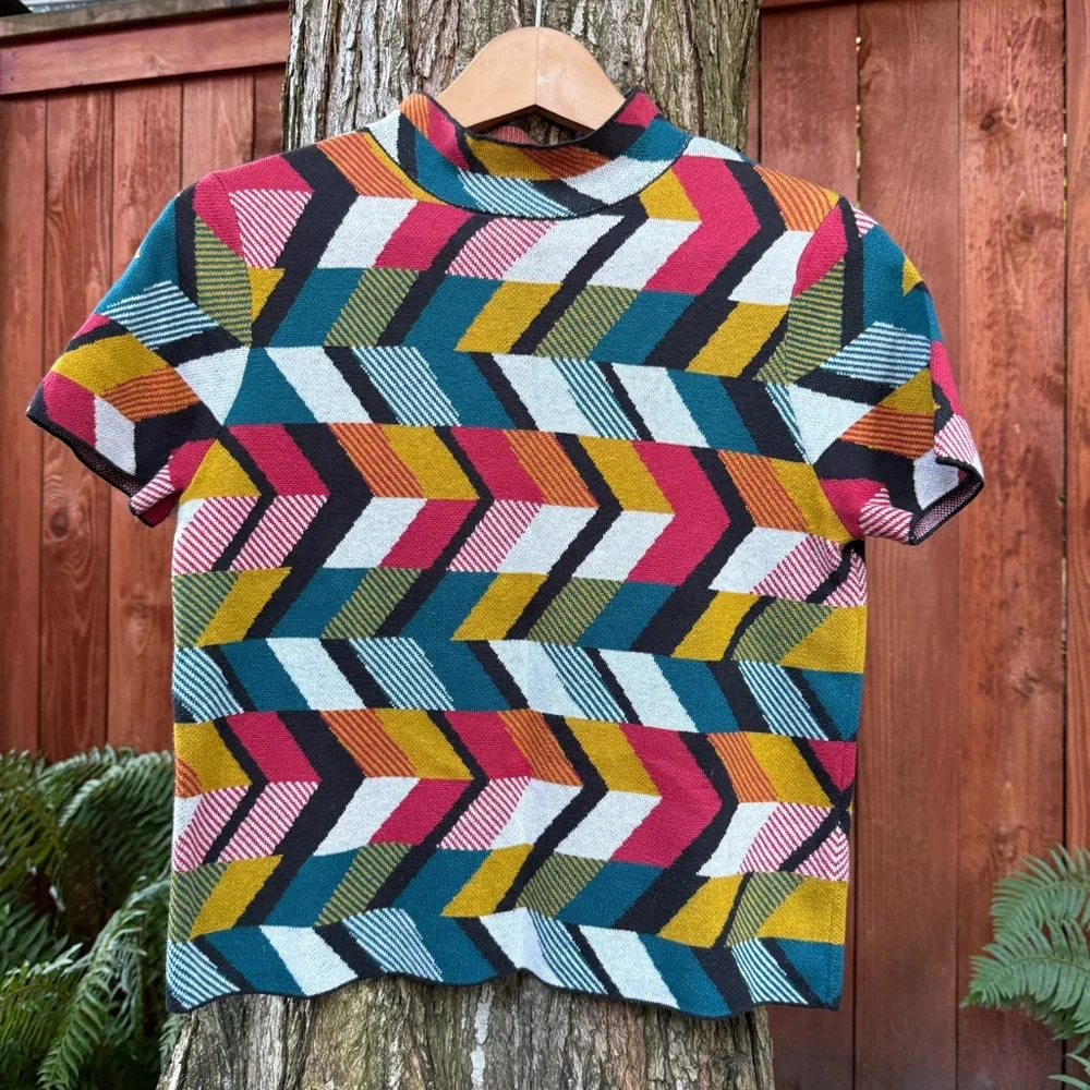 Maeve for Anthropologie Multicolor Geometric Knit Top + Skirt Sweater Set - Picture 2 of 6